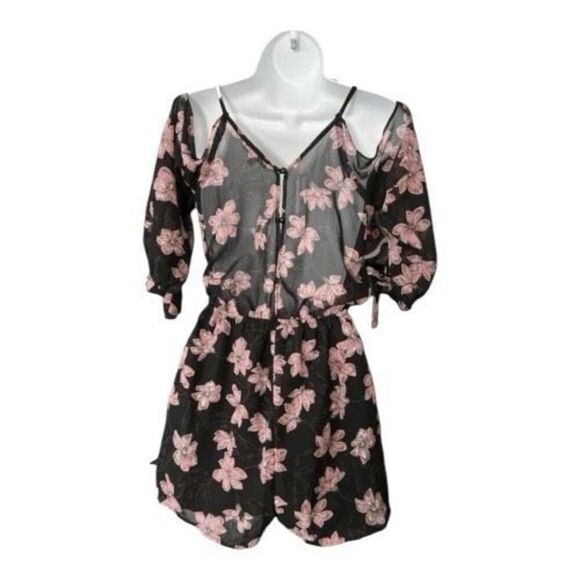 Black Pink Floral Chiffon Romper Size XS Short Lined Elastic Waist Button Front - Picture 3 of 11